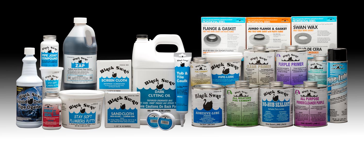 Assorted Black Swan branded plumbing and pipe-related products in various containers