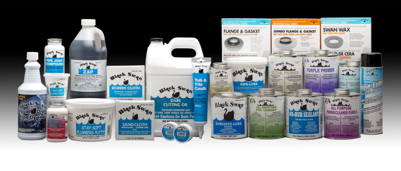 Black Swan plumbing products, including liquid pipe opener and adhesive containers
