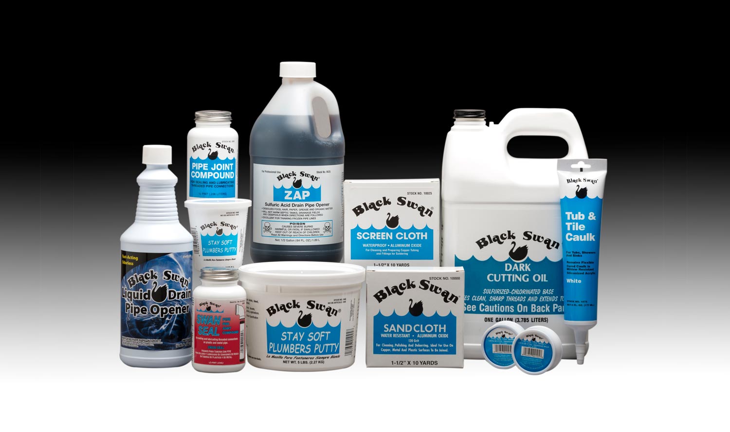 Selection of Black Swan pipe joint compounds, cutting oils, and plumber putty products