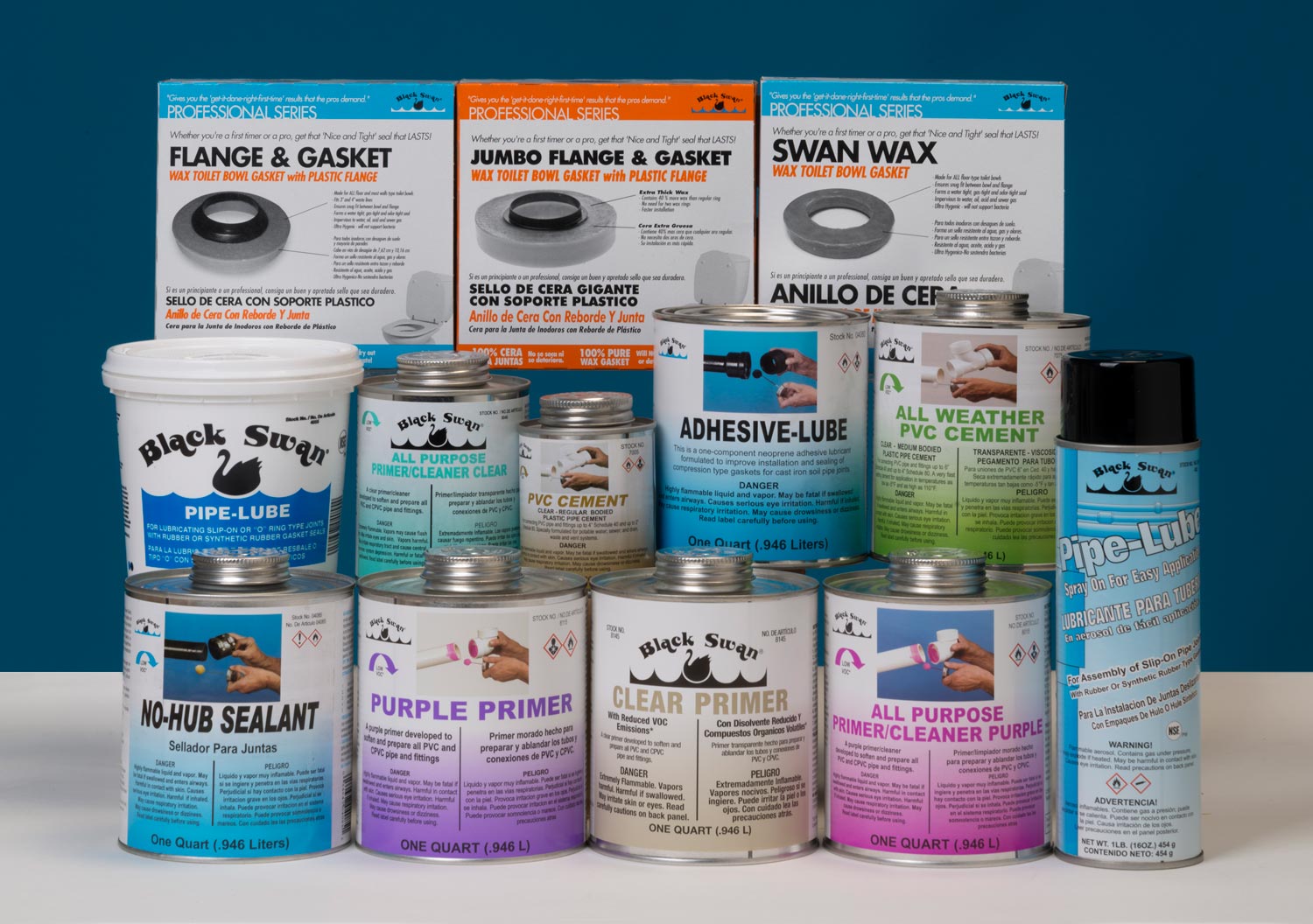 Black Swan primer, adhesive, and cement products for plumbing and pipe repair